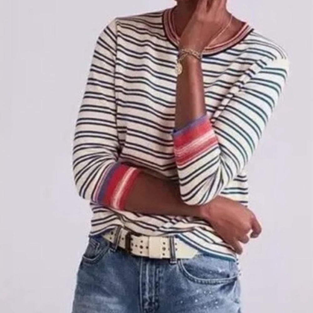 EUC # 5830 Cabi Striped Cadet Sweater Cotton Blend Cream Blue Stripe Sz S